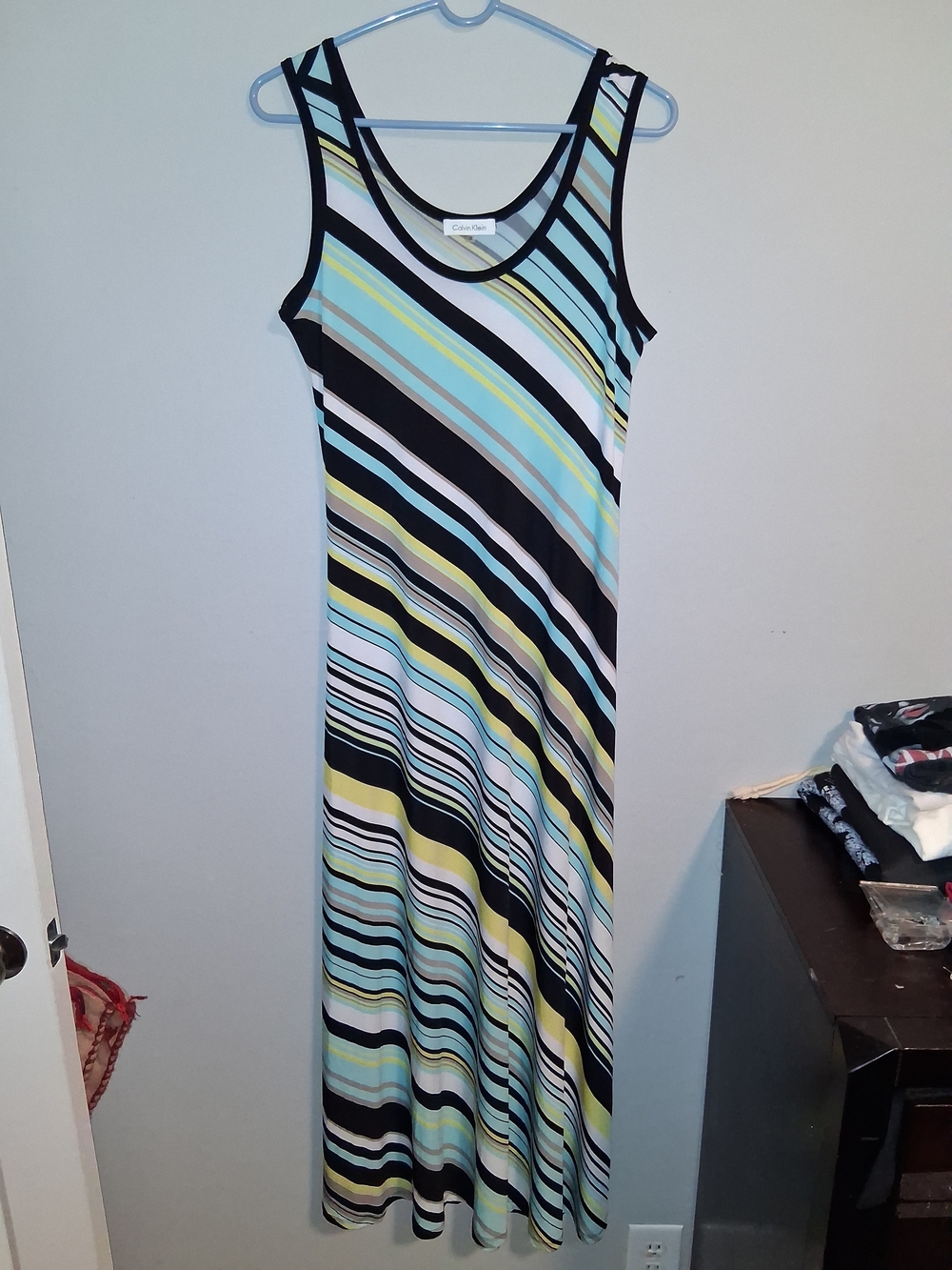 Calvin Klein Asymmetrical Striped Maxi Dress in Black, Light Blue & Yellow